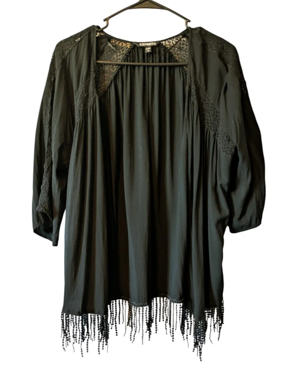 Express Black Beaded Fringe Kimono  Coverup Jacket Top Sz S